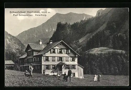 AK Schoppernau, Schwefelbad Hopfreben mit Bergpanorama