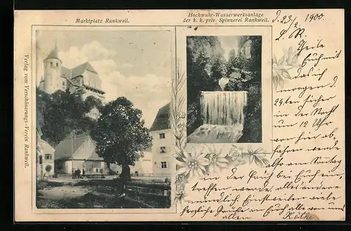 AK Rankweil, Ortsansicht mit Kirche und Hochwuhr-Wasserwerksanlage