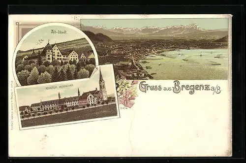 Lithographie Bregenz a. B., Totalansicht mit Kloster Mehrerau