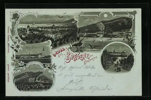 Mondschein-Lithographie Bregenz, Hafenpartie und Kloster Mehrerau