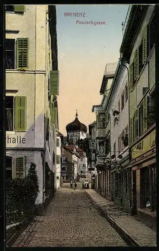 AK Bregenz, Blick in die Maurachgasse mit Geschäften