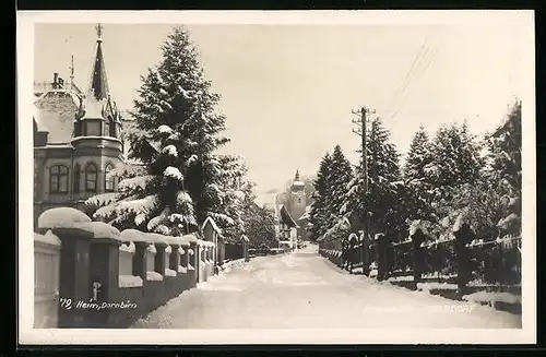 AK Dornbirn, Verschneite Strassenpartie in Oberdorf