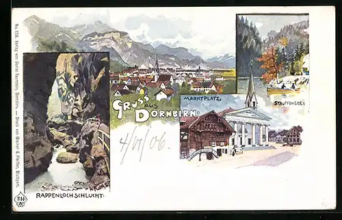 Lithographie Dornbirn, Rappenlochschlucht, Marktplatz und Stauffensee