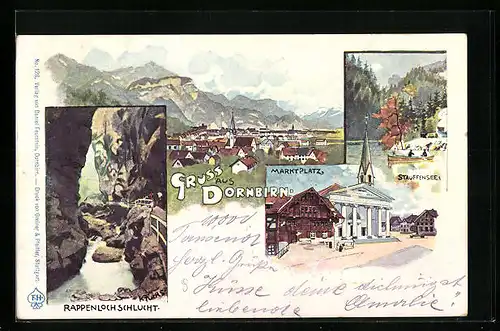 Lithographie Dornbirn, Rappenlochschlucht, Marktplatz, Stauffensee, Totalansicht