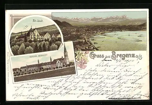 Lithographie Bregenz a. B., Alt-Stadt, Kloster Mehrerau, Totalansicht mit Bodensee und Alpen