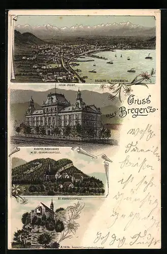 Lithographie Bregenz a. B., Gesamtansicht mit Bodensee, Neue Post, Kloster Riedenburg, St. Gebhardskapelle