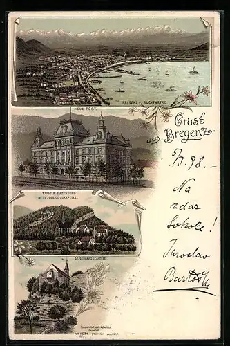 Lithographie Bregenz a. B., Gesamtansicht mit Bodensee, Neue Post, Kloster Riedenburg, St. Gebhardskapelle