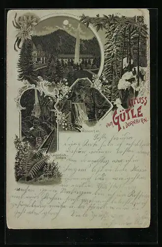 Mondschein-Lithographie Dornbirn, Wasserspiel am Gütle, Rappenlochschlucht mit Wasserfall