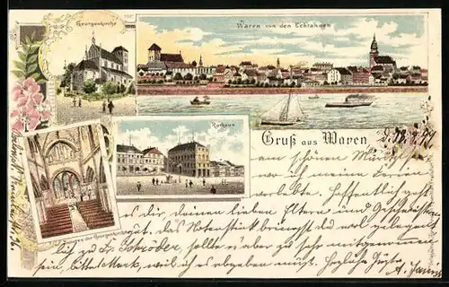 Lithographie Waren, Ortsansicht von den Ecktannen, Georgenkirche und Partie am Rathaus