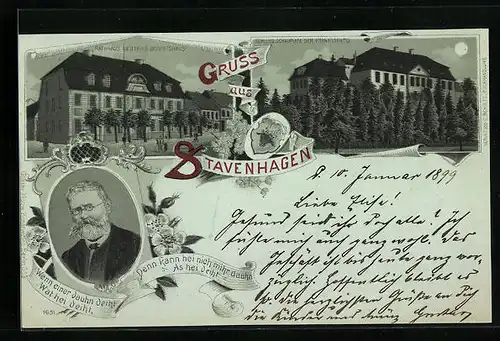Mondschein-Lithographie Stavenhagen, Rathaus und Geburtshaus Fritz Reuter, Schloss, Portrait Reuter