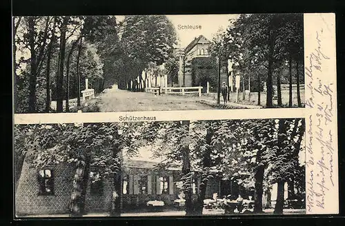 AK Fehrbellin, Schleuse mit Strasse und Gasthaus Schützenhaus mit Gästen