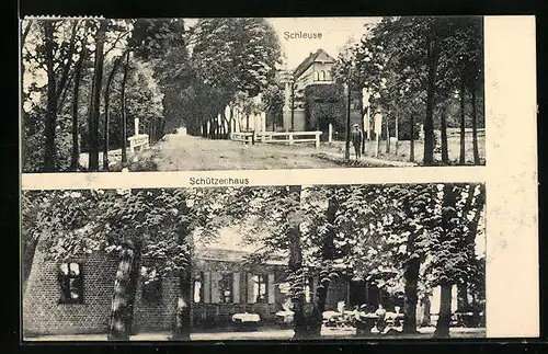 AK Fehrbellin, Schleuse mit Strasse und Passant, Gasthaus Schützenhaus mit Gästen