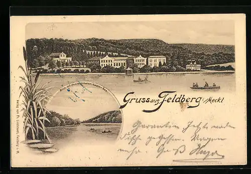 Künstler-AK Feldberg /Meckl., Ortspanorama vom Wasser aus, Blick auf den schmalen Luzin-See