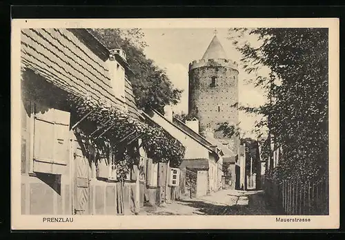 AK Prenzlau, Mauerstrasse mit alten Häusern und Turm
