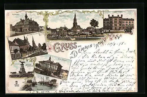 Lithographie Demmin i. Pr., West Kaserne, Neue Schule, Anclamer Strasse, Hafen