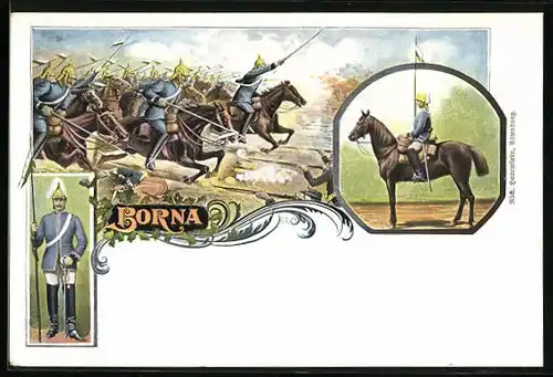 Lithographie Borna, Kavallerie des königlichen Sächs. Karabiner Regiments prescht voran