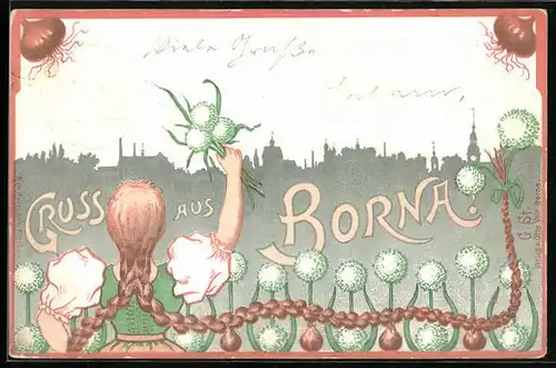 Lithographie Borna, Grusskarte, Magd mit Blume in der Hand