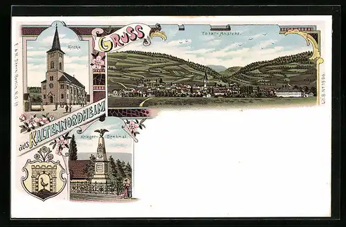 Lithographie Kaltennordheim, Kirche, Krieger-Denkmal, Totalansicht