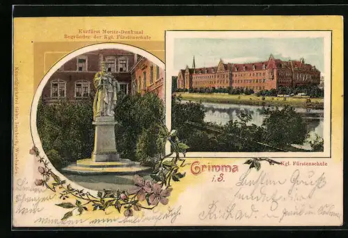 Relief-AK Grimma i. S., Kurfürst Moritz-Denkmal, Kgl. Fürstenschule
