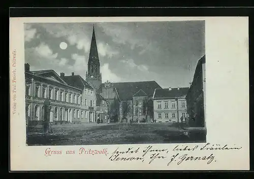 Mondschein-AK Pritzwalk, Platz mit Kirche