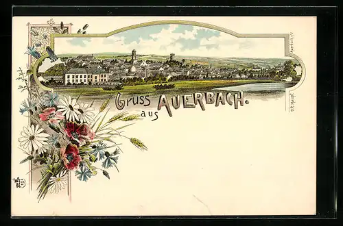 Lithographie Auerbach, Panoramablick auf den Ort, Bunter Strauss Wiesenblumen