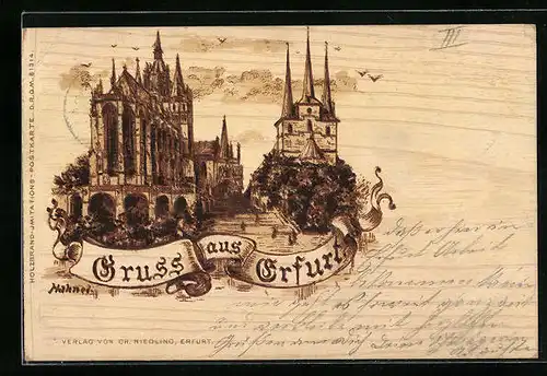 Holzbrand-Imitations-AK Erfurt, Dom und St. Severi-Kirche
