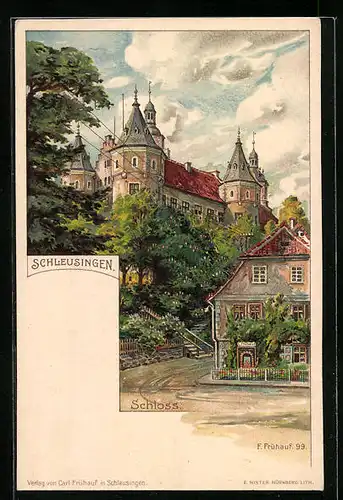 Lithographie Schleusingen, Strassenpartie am Schloss