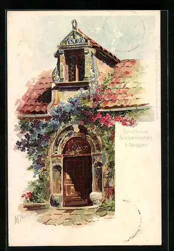 Lithographie Siebeneichen b. Meissen, Eingang zum Forsthaus