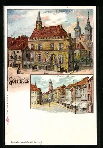 Lithographie Göttingen, Rathaus und St. Johanniskirche, Weender Strasse