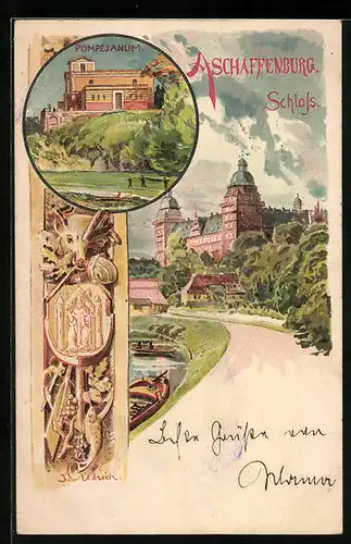 Lithographie Aschaffenburg, Schloss, Pompejanum