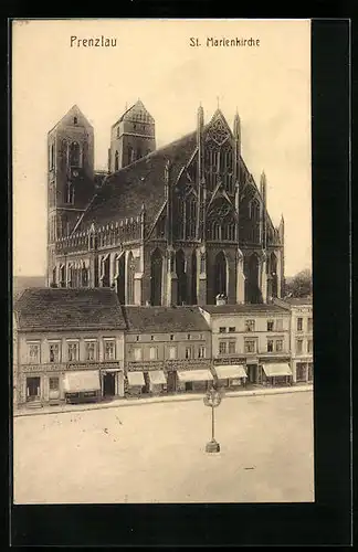 AK Prenzlau, St. Marienkirche und Geschäfte