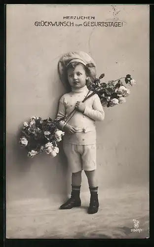 Foto-AK RPH Nr. 2507 /1: Junge gratuliert mit Rosen zum Geburtstag