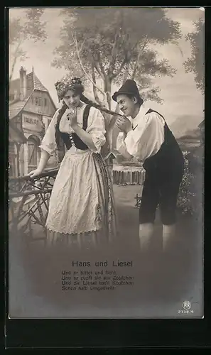 Foto-AK RPH Nr. 2738 /4: Paar in Tracht beim Stelldichein, Hans und Liesel