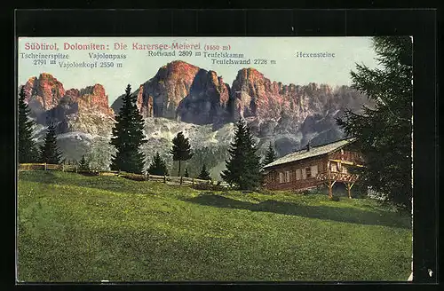 AK Karersee, Karersee-Meierei und Gipfelpanorama mit Vajolonpass, Rotwand und Hexensteine