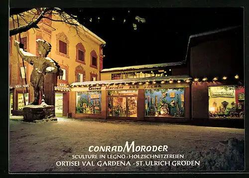 AK Ortisei, Geschäft für Holzschnitzereien Conrad Moroder, Reziastrasse 204