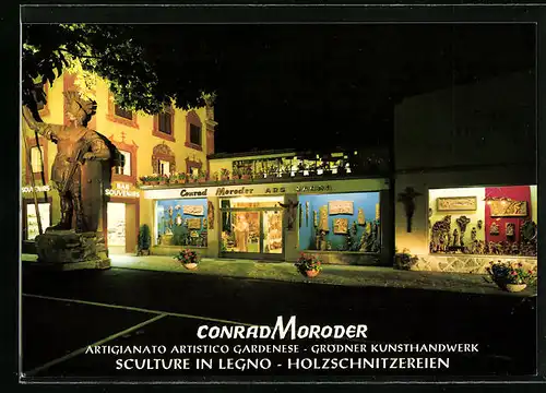 AK Ortisei, Geschäft für Holzschnitzereien Conrad Moroder, Reziastrasse 204