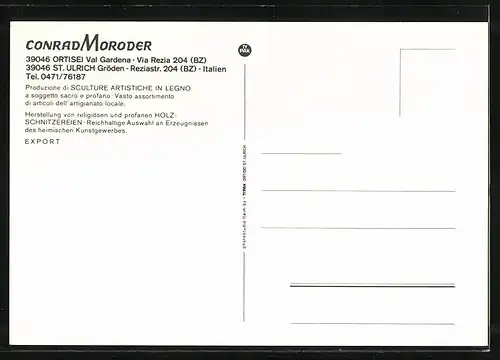 AK Ortisei, Geschäft für Holzschnitzereien Conrad Moroder, Reziastrasse 204