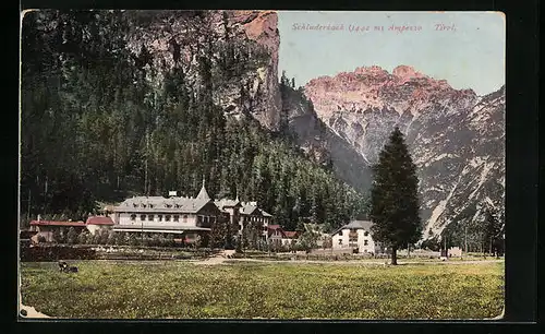 AK Schluderbach, Ortspartie und Gipfelpanorama