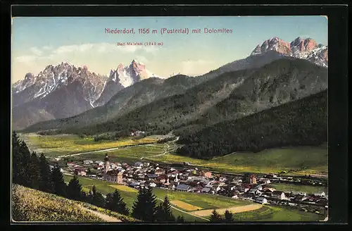 AK Niederdorf, Ortsansicht mit Dolomiten