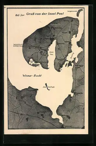 AK Insel Poel, Landkarte mit Wismar-Bucht