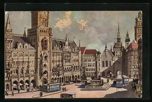AK München, Strassenbahn auf dem Marienplatz