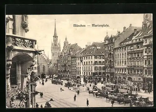 AK München, Marienplatz mit Strassenbahn