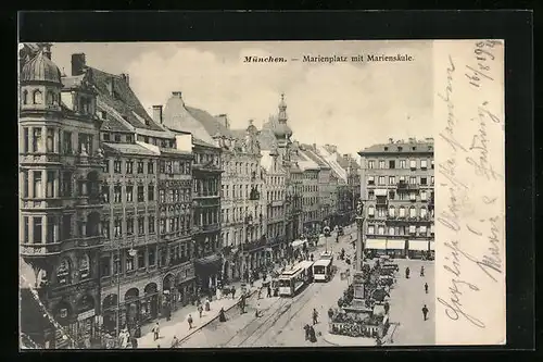 AK München, Marienplatz mit Mariensäule, Strassenbahn