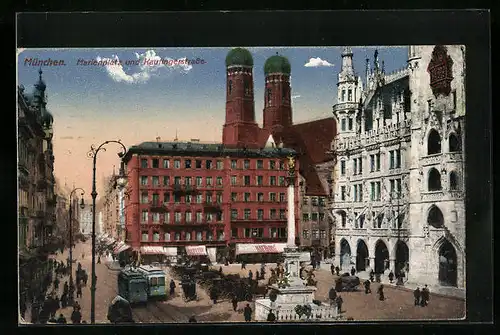 AK München, Marienplatz und Kaufingerstrasse mit Strassenbahn