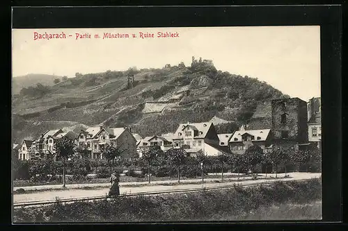 AK Bacharach, Partie mit Münzturm und Ruine Stahleck