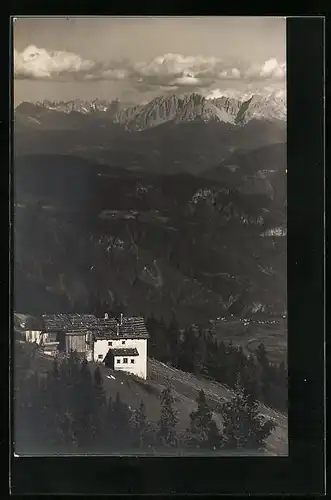 AK Meran, Ortsansicht aus der Vogelschau, Gipfelpanorama