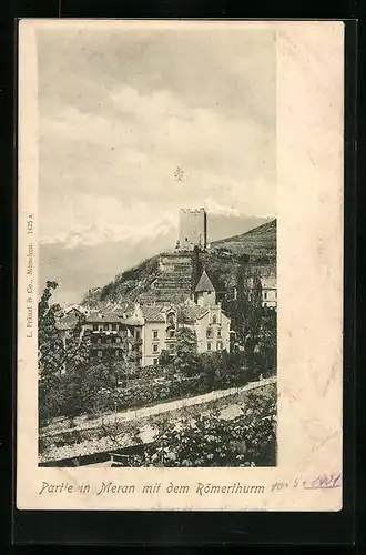 AK Meran, Ortsansicht mit Römerthurm