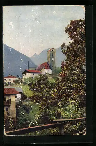 AK Schenna, Dorfpartie mit Kirche