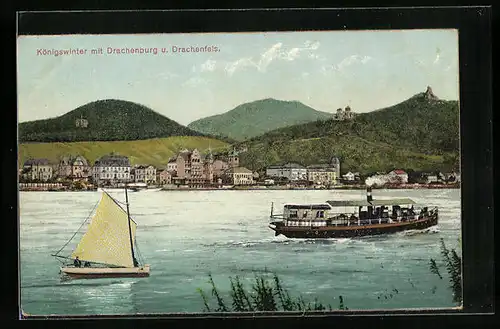 AK Königswinter, Ortsansicht mit Drachenburg und Drachenfels, Dampfer auf dem Rhein