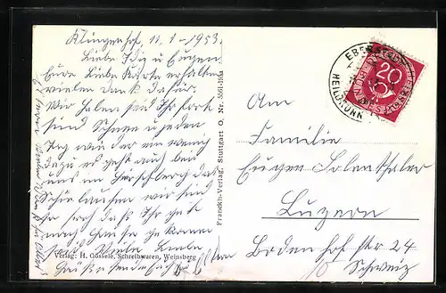 AK Weinsberg, Ortsansicht, Burg, Gedenkstein und Frau bei der Weinlese